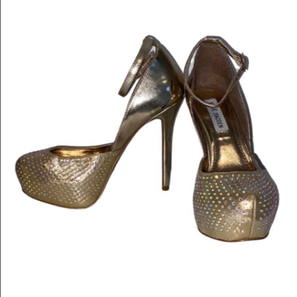 Steve Madden gold platform stilettos with rhinestones.